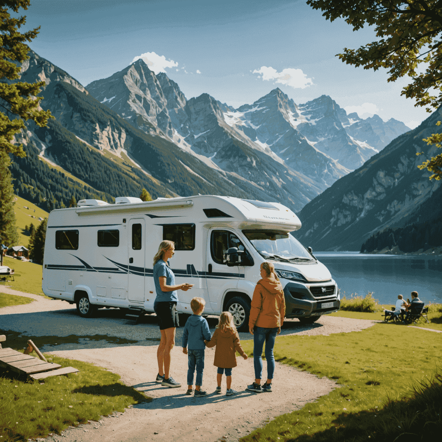 Eine Familie, die vor einem Wohnmobil auf einem malerischen Campingplatz in den Alpen steht. Im Hintergrund sind Berge und ein See zu sehen.