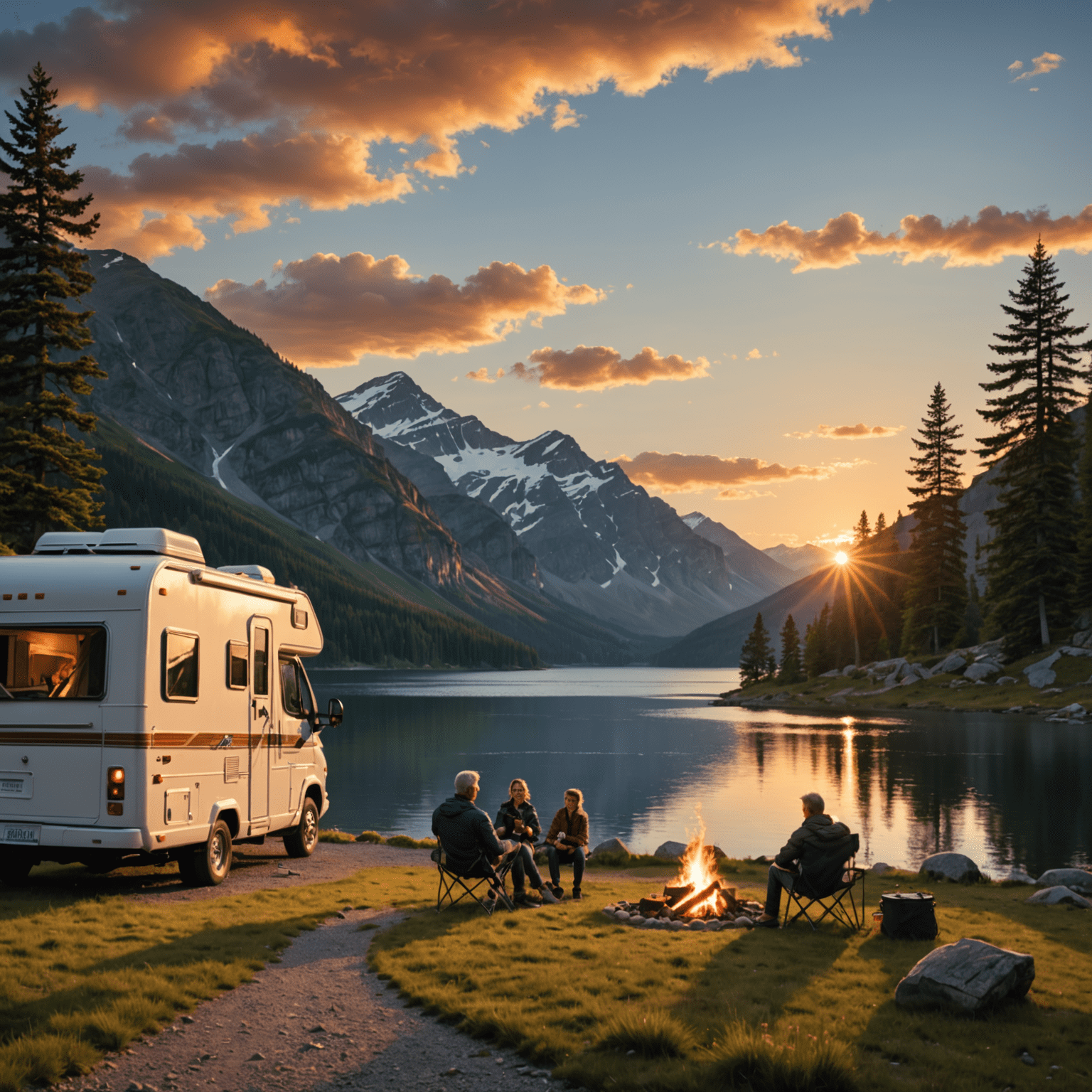 Ein Wohnmobil parkt an einem malerischen See mit Bergen im Hintergrund. Eine Familie sitzt um ein Lagerfeuer vor dem Wohnmobil, während die Sonne untergeht und den Himmel in warme Farben taucht.