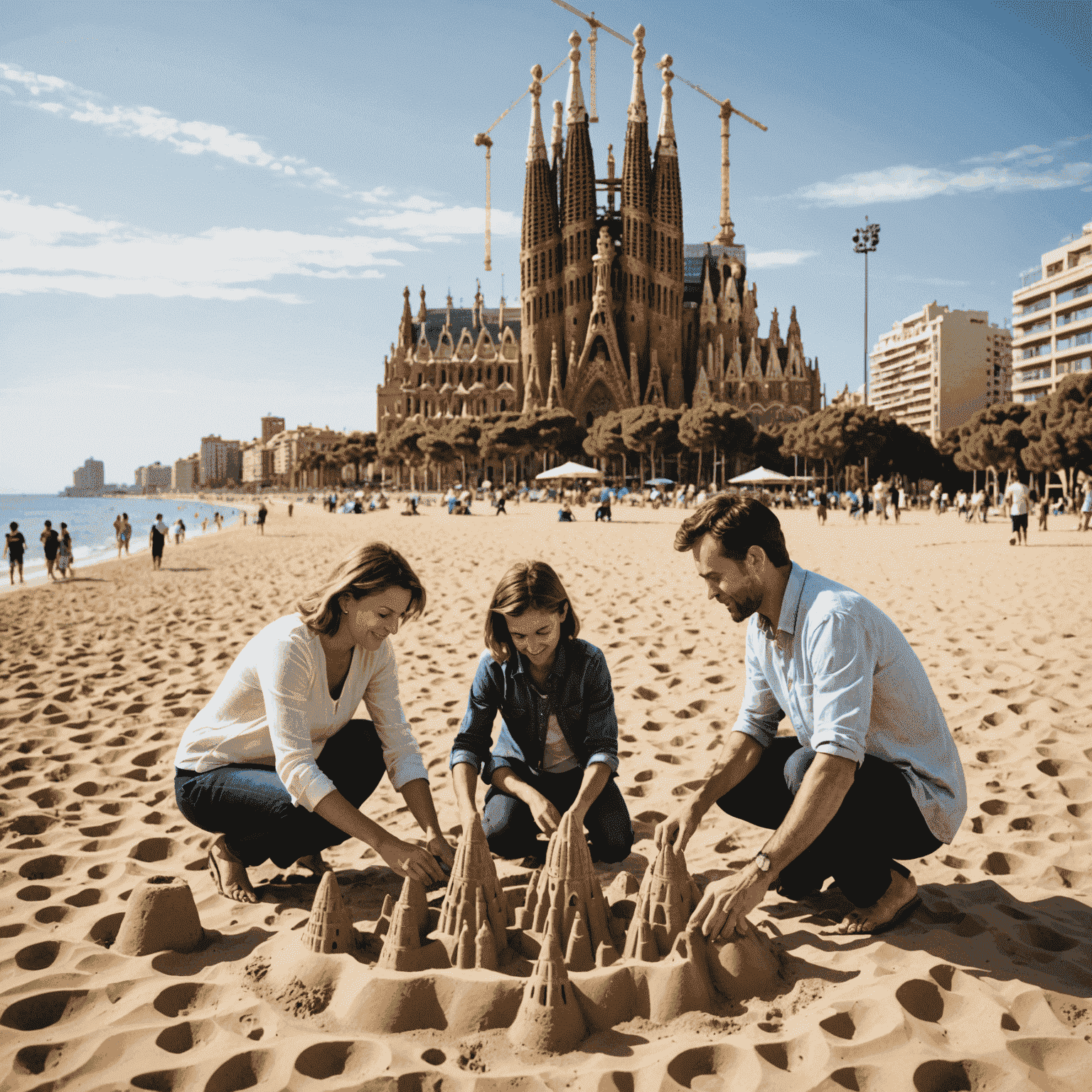 Eine Familie, die am Strand von Barcelona Sandburgen baut und im Hintergrund die Sagrada Familia