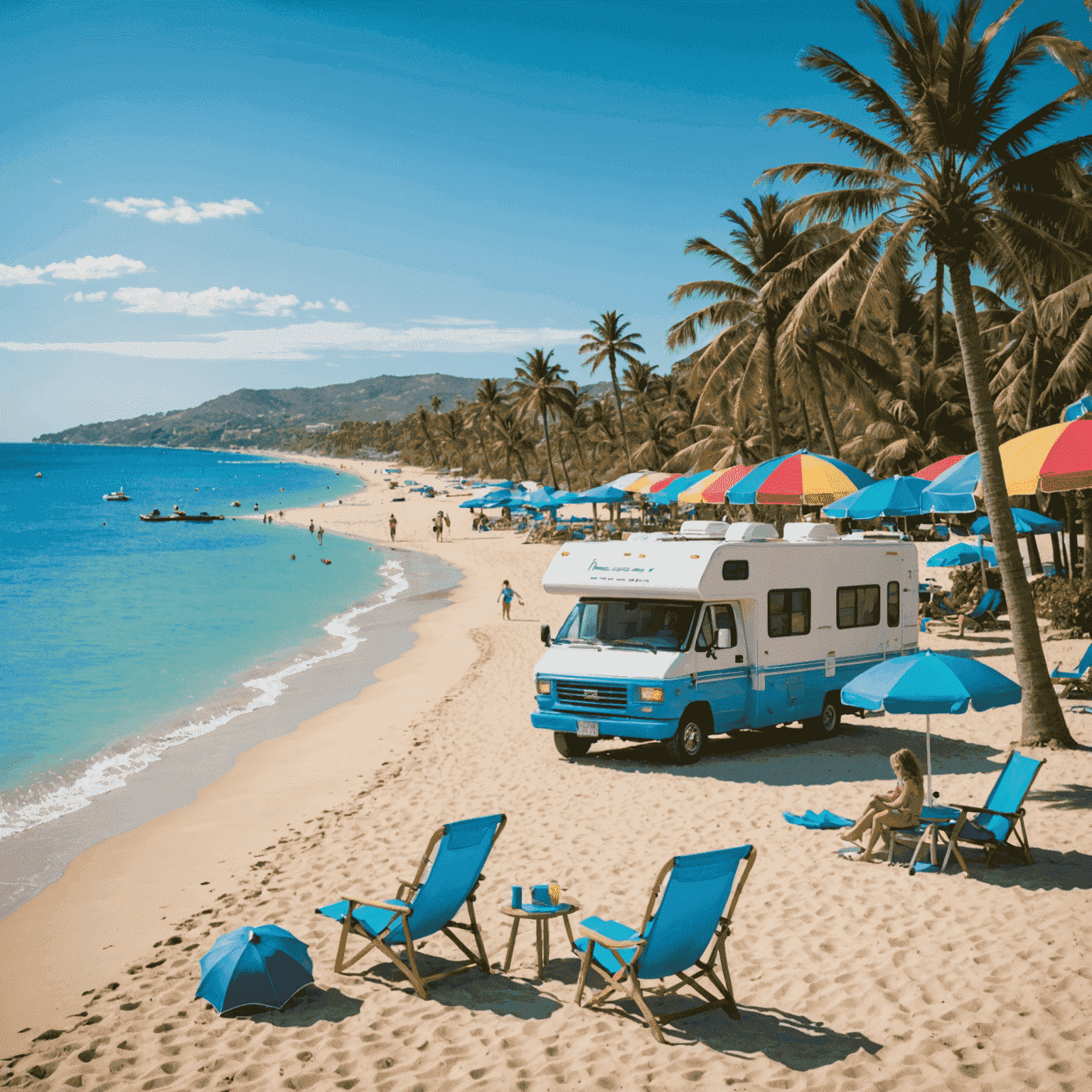 Ein Wohnmobil parkt an einem sonnigen Strand mit türkisblauem Wasser. Palmen und bunte Strandschirme säumen den Strand, während eine Familie im Wasser spielt.