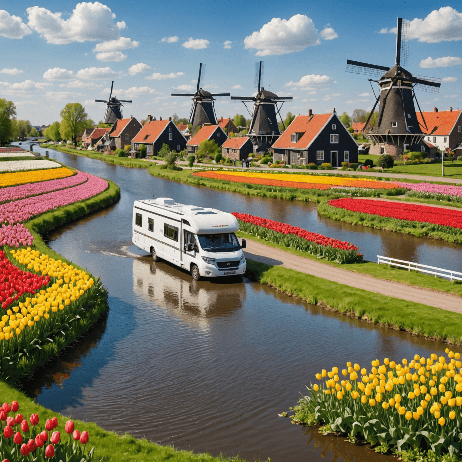 Ein Wohnmobil fährt durch eine malerische Landschaft mit Windmühlen, Tulpenfeldern und Kanälen. Im Hintergrund ist eine typisch niederländische Stadt mit Giebelhäusern zu sehen.